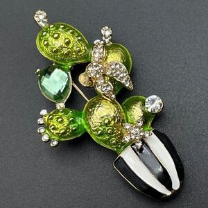 Yellow Gold with Emerald and Diamond Potted Cactus Plant Enamel Pin Back Brooch